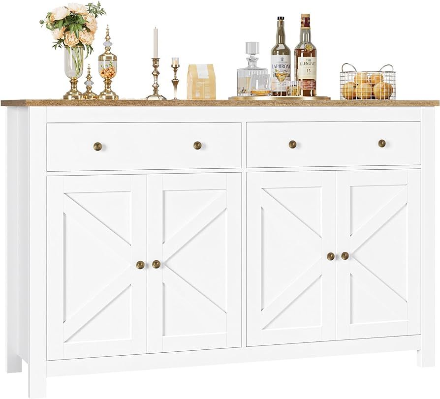 FOTOSOK Sideboard Buffet Cabinet with Storage, 55.1" Large Buffet Cabinet Kitchen Cabinet with 2 Drawers and 4 Doors, Farmhouse Coffee Bar Cabinet Buffet Table Sideboard Cabinet for Kitchen | Amazon (US)
