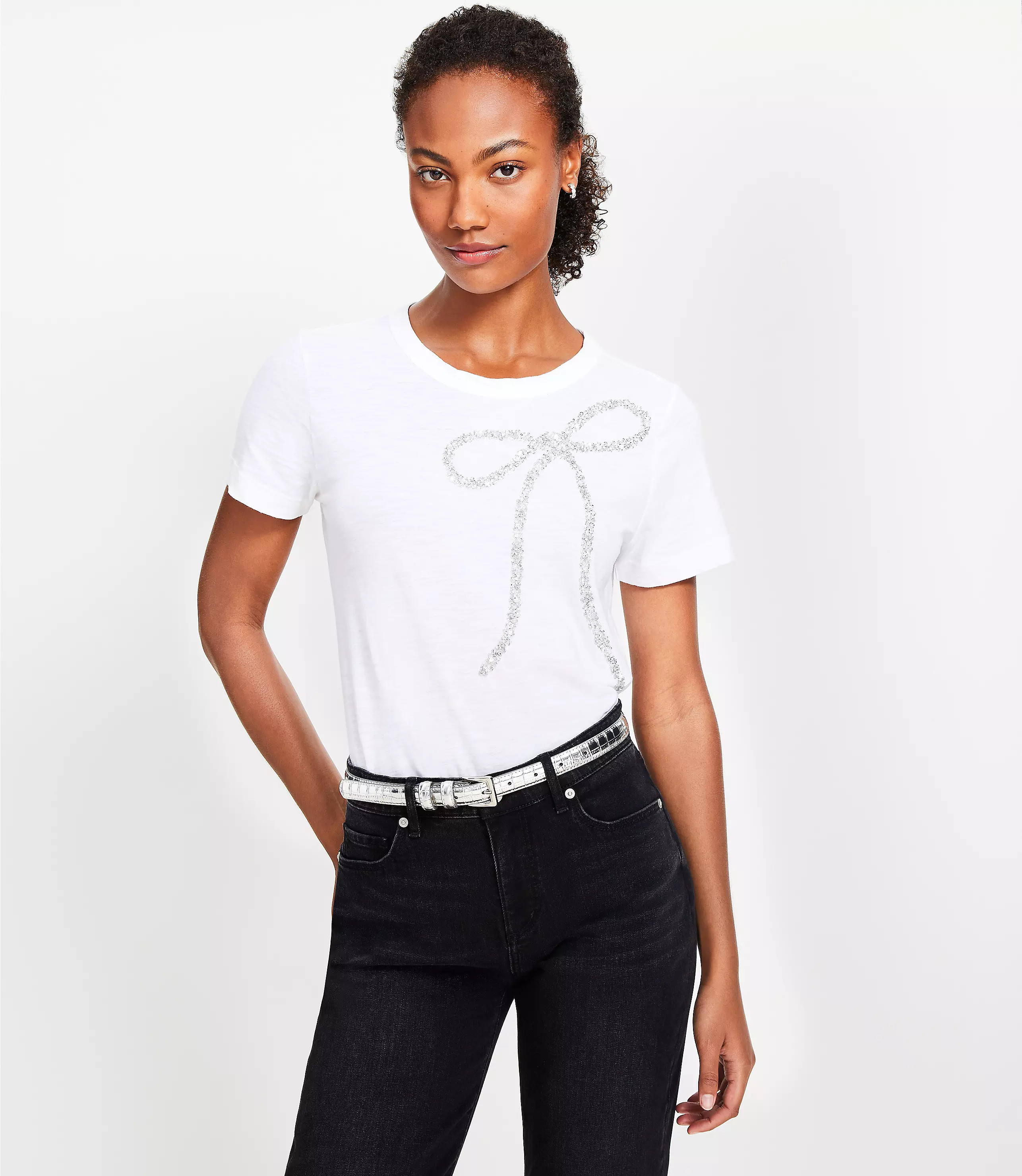 Petite Sparkle Bow Everyday Crew Tee | LOFT