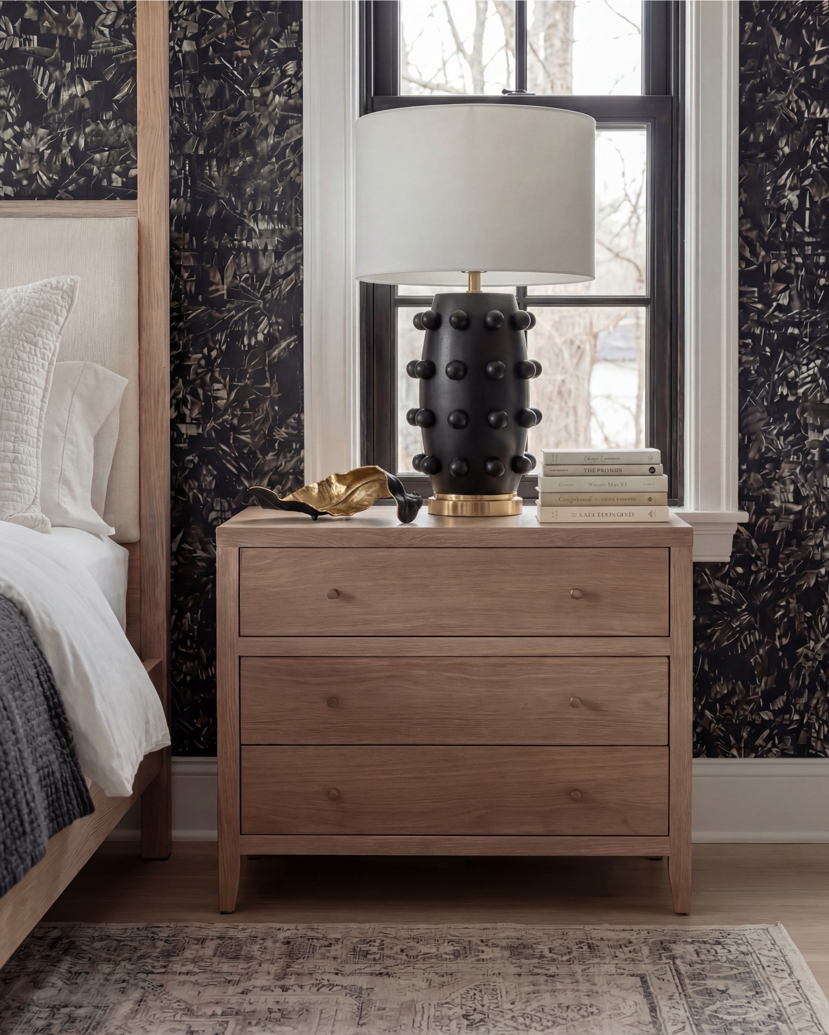 Bedroom Refresh : Shop The Look.
• Canopy bed frame in light oak
• Upholstered headboard bed
• Charcoal botanical wallpaper
• Oak bedroom nightstands
• Neutral area rug for bedroom
• Fluted leg upholstered bench
• Ceramic bedside table lamps
• Cozy chunky knit throw blanket
• Black woven throw blanket
• Natural wood ceiling beams decor
• Modern home decor accents
• Neutral bedroom decor accessories

#LTKhome #LTKsale #LTKstyletip