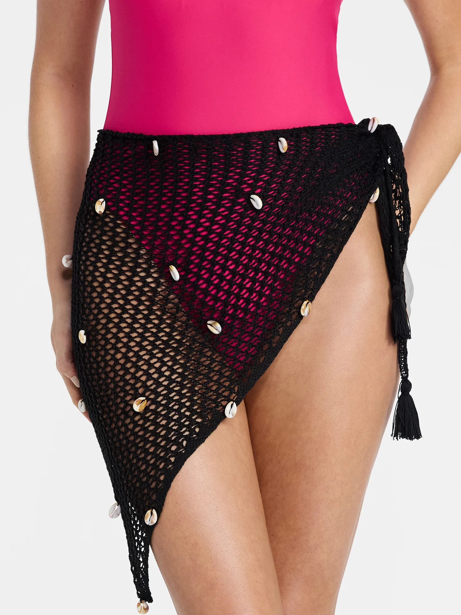 No Boundaries Fishnet Pareo with Faux Shells, One Size, Black Soot, Women's | Walmart (US)