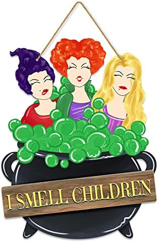 Halloween Decorations Hocus Pocus I Smell Children Hanging Sign Front Door Hanger Wreath Decor Indoo | Amazon (US)
