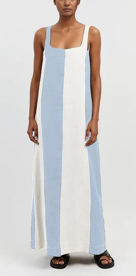 CHARTOU Women Summer Sleeveless Linen Dress Contrast Color Maxi Long Beach Vacation Tank Dress | Amazon (US)