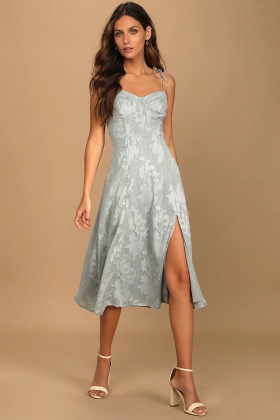 Loveliest Looks Dusty Blue Floral Jacquard Tie-Strap Midi Dress | Lulus