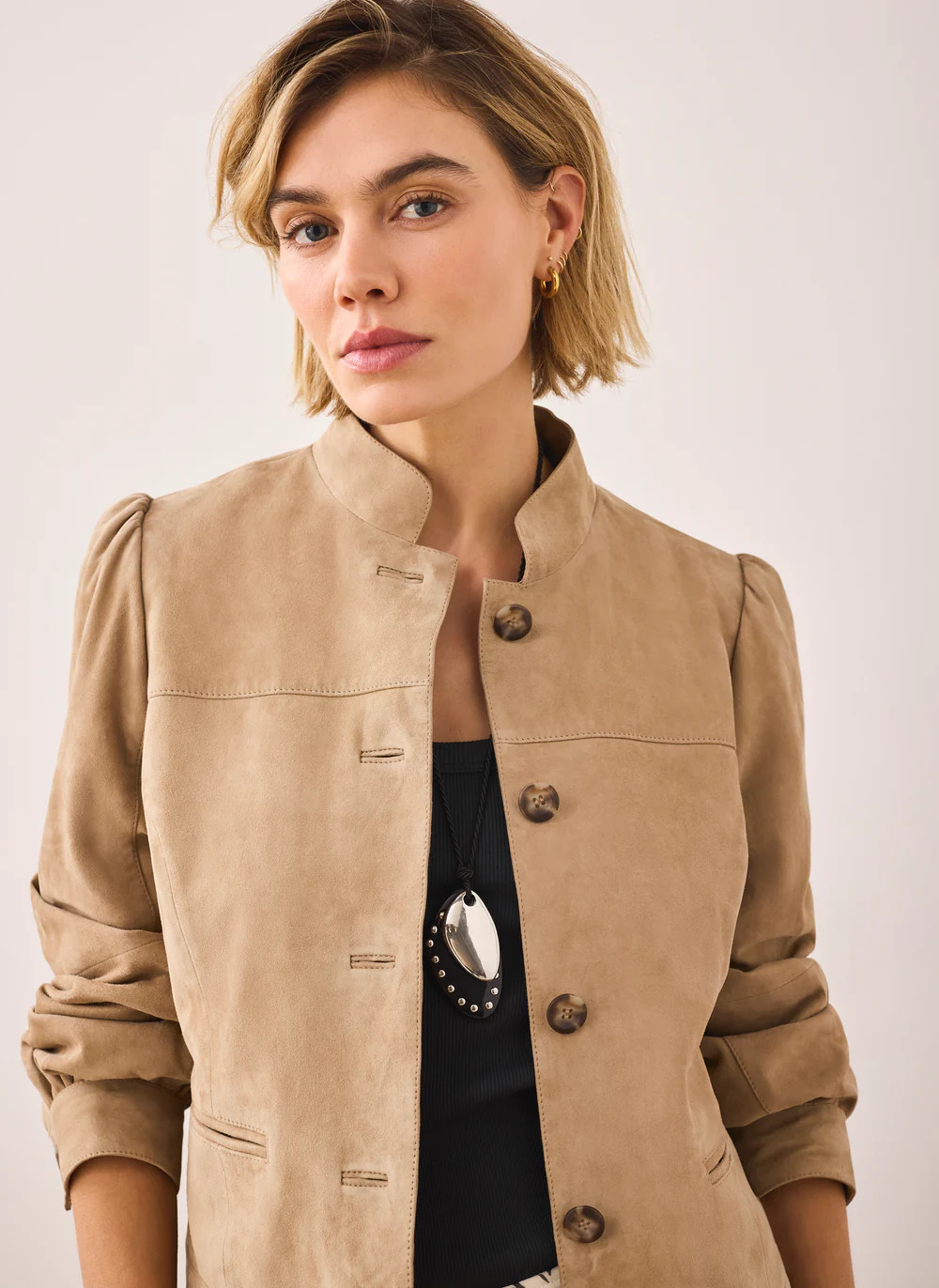 Neutral Suede Puff Sleeve Jacket | Mint Velvet