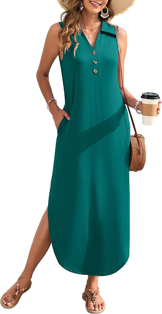 MOLERANI Women's Casual V Neck Maxi Dress Summer Long Sleeveless Sundress with Button 2025 Loose ... | Amazon (US)