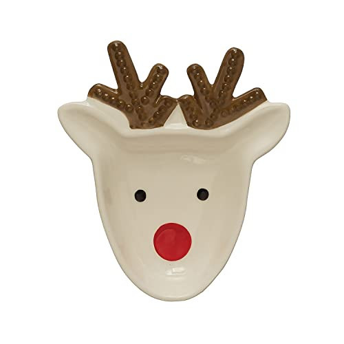 Creative Co-Op Ceramic Reindeer Plate, White, Brown and Red | Amazon (US)