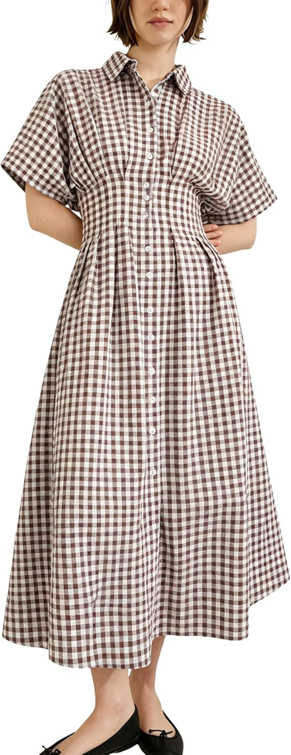 Yeokou Women Plaid Shirt Dress Short Sleeve Button Down Pleated Gingham A Line Maxi Dresses Casua... | Amazon (US)