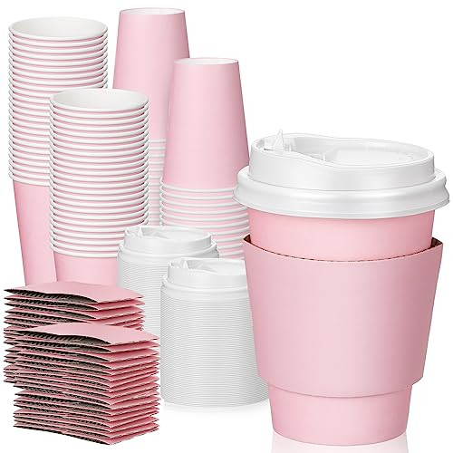 Patelai 100 Pcs 12 oz Disposable Coffee Cups with Lids and Sleeves Bulk, Insulated Hot Chocolate Paper Cup for Hot and Cold Beverage Water Juice Cocoa Tea Party Restaurants Travel Supplies (Pink) | Amazon (US)