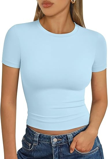 AUTOMET Womens Short Sleeve T Shirts Basic Summer 2025 Workout Tops Crew Neck Gym Crop Tops Trend... | Amazon (US)
