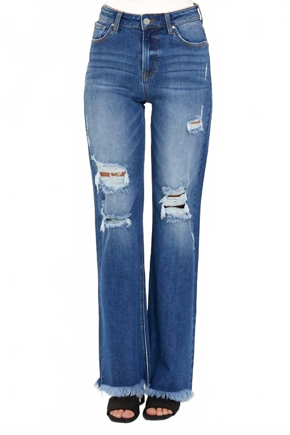 High Rise Distressed Straight Leg Jean In Blue | Shop Simon