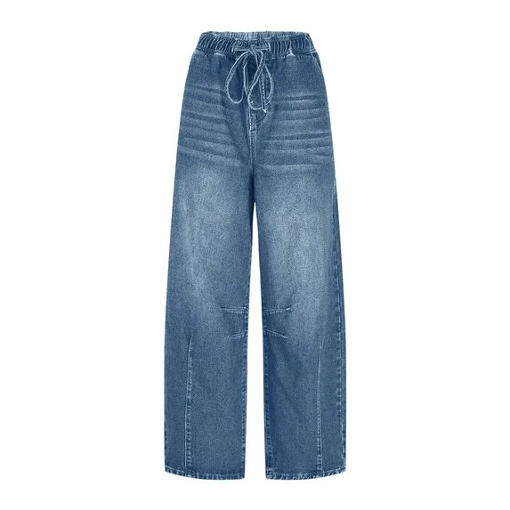 Womens Jeans Sevevn Women Barrel Jeans High Waisted Wide Leg Drawstring Denim Pants Loose Trouser... | Walmart (US)