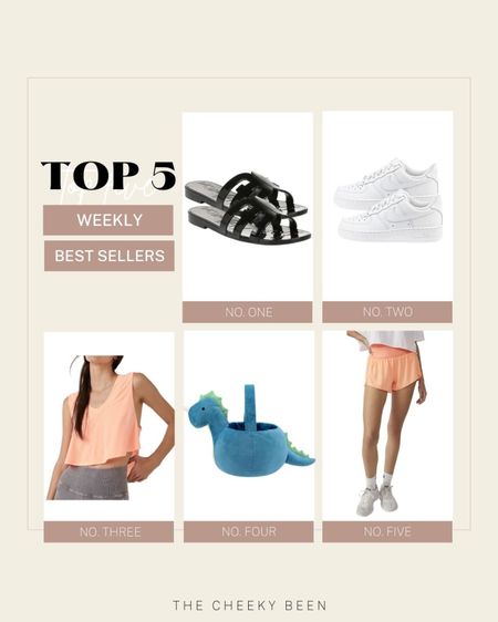 The weekly top 5! You guys were loving these Sam Edelman slides and Nike Air Force 1's! Still loving the FP Movement running shorts and cropped tank! Don't forget about the cute dinosaur Easter basket! 

#LTKstyletip #LTKFind #LTKSeasonal