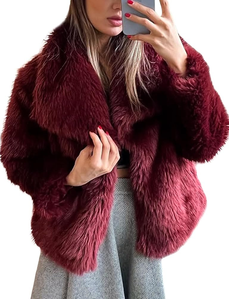 Wyeysyt Womens Faux Fur Coat Cropped Fluffy Shaggy Jacket Lapel Winter Warm Furry Short Coat | Amazon (US)
