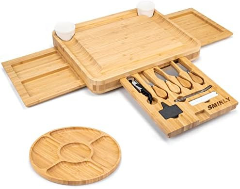 SMIRLY Bamboo Cheese Board and Knife Set: Large Charcuterie Board Set - Wine Meat Cheese Platter ... | Amazon (US)