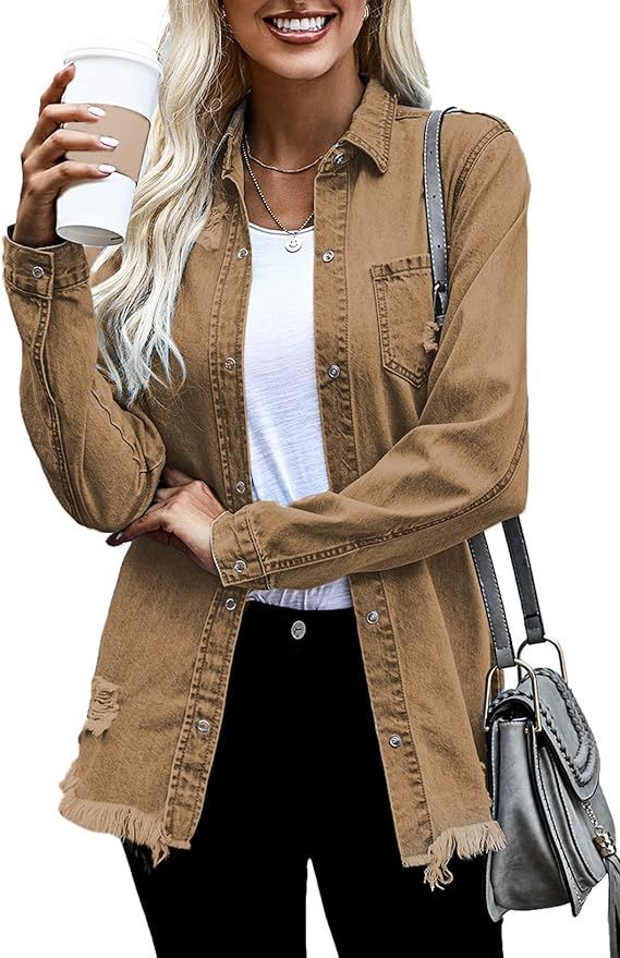 Dokotoo Women's Oversized Denim Jacket Casual Long Boyfriend Distresse Jean Jacket Autumn Spring | Amazon (US)