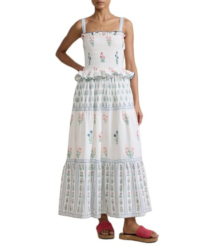 Women Summer Boho Tie Shoulder Dress Y2k Floral Smocked Flowy Long Dress Ruffle Tiered Beach Vocation Sundress(Smocked White,Large) | Amazon (US)
