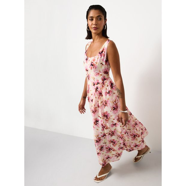 Buy Pink Blurred Floral Print Ruffle Waisted Dress 10 | Midaxi | Tu | Tu Clothing