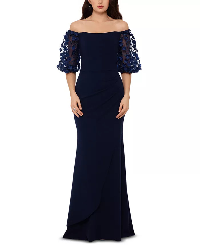 Off-The-Shoulder Floral-Sleeve Gown | Macys (US)