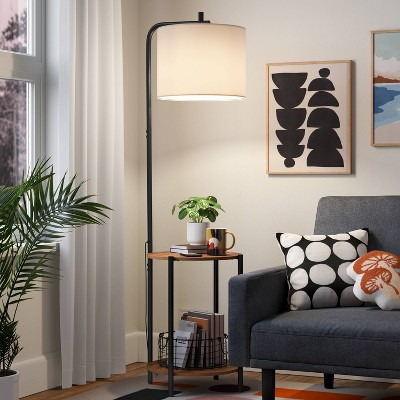 Floor Lamp with Table Natural Wood - Room Essentials™: ETL Listed, Linen Shade, Metal Body, 60" Height | Target