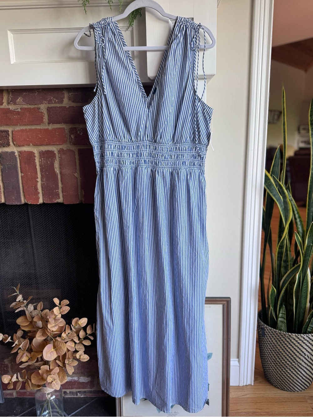 Old Navy Blue and White Striped V-Neck Midi Dress | Poshmark