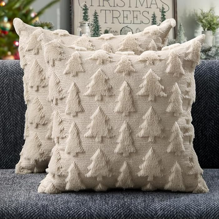 DFXSZ Christmas Tree Pillow Covers 18x18 inch Set of 2 Christmas Decoration Beige Soft Plush Faux... | Amazon (US)