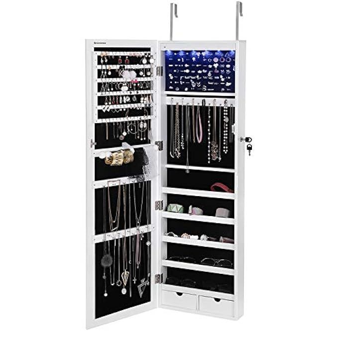 SONGMICS 6 LEDs Jewelry Cabinet Lockable Wall/Door Mounted Jewelry Armoire Organizer with Mirror 2 D | Amazon (US)