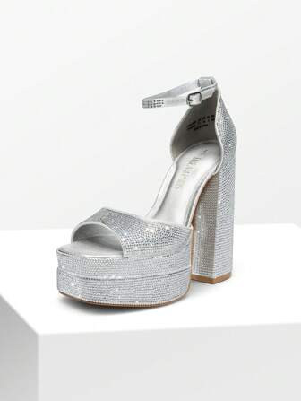 Women Rhinestone Platform Chunky Heeled Sandals Ankle Strap Sexy Peep Toe Heels Chunky Block Dres... | SHEIN