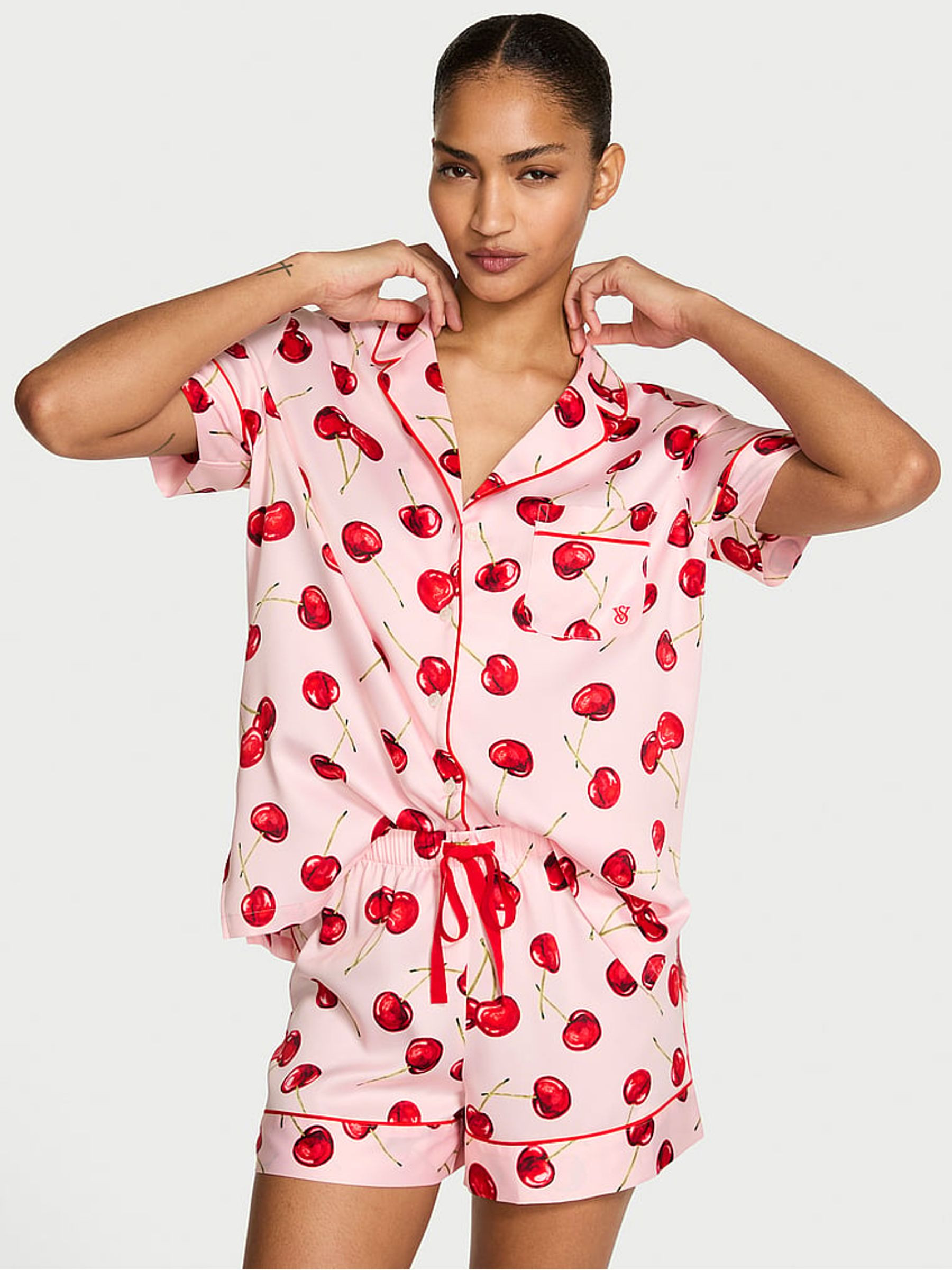 Bright Vermillion Red Exploded Cherries Satin Short Pyjamas Set | Victoria's Secret UK