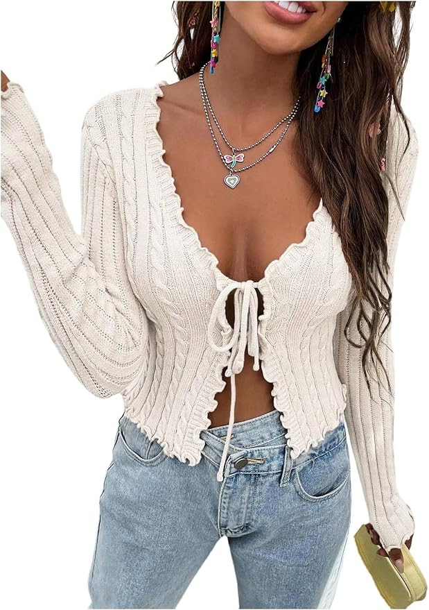 SHENHE Women's Y2k Tie Front Cardigans Open Front Long Sleeve Ruffle Fall Cropped Sweaters Bolero | Amazon (US)