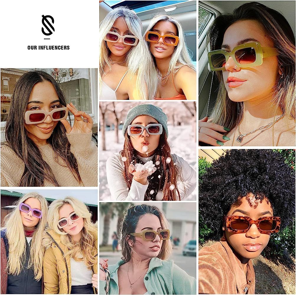 Amazon.com: SOJOS Retro 90s Nude Rectangle Sunglasses For Women Trendy Chunky Glasses Green Frame... | Amazon (US)