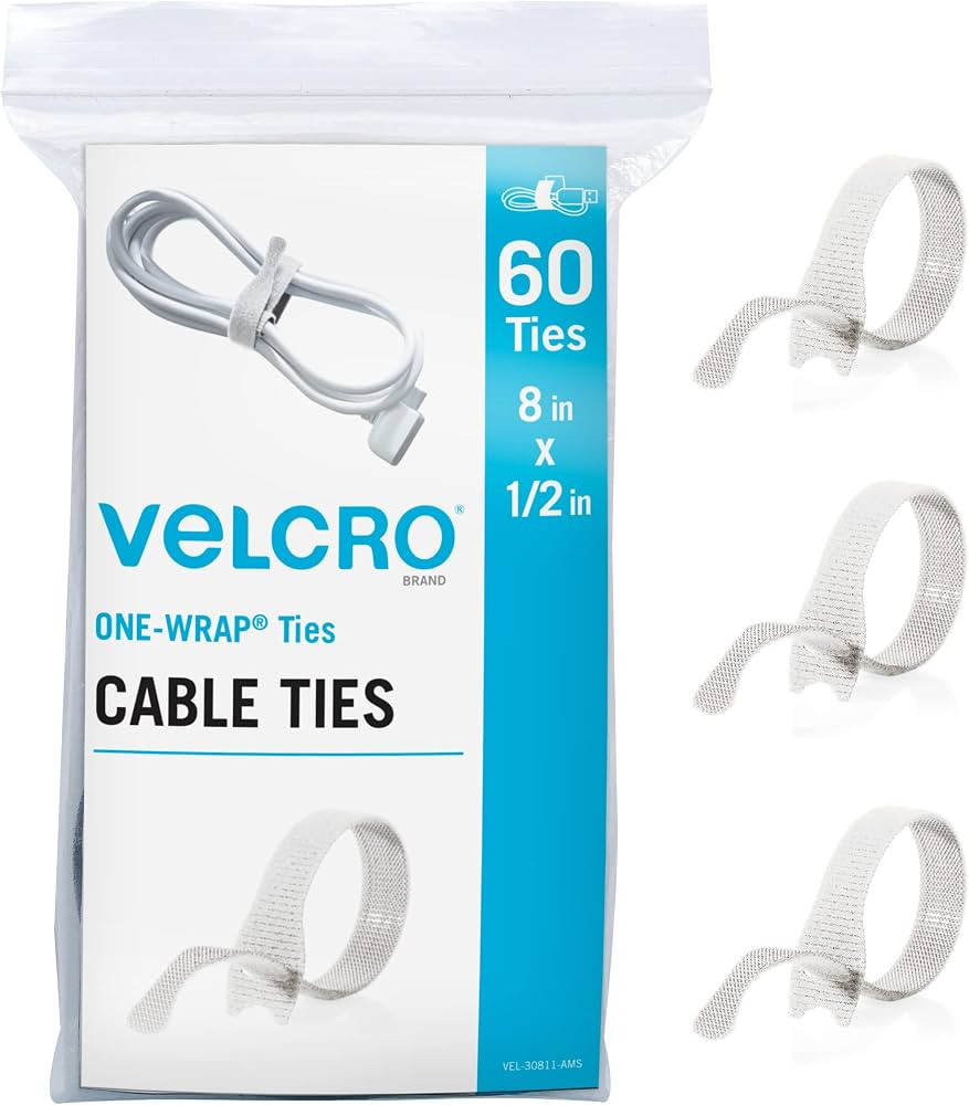 VELCRO Brand White Cable Ties Heavy Duty | 60Pc Bulk Pack | 8 x 1/2" ONE-WRAP Straps | Strong Reu... | Amazon (US)