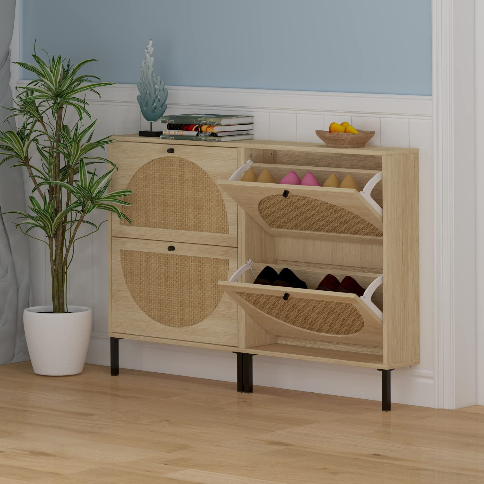 Shoe Cabinet for Entryway,Rattan Cabinet with Natural Rattan Doors Design and 2 Flip Down Drawers... | Amazon (US)