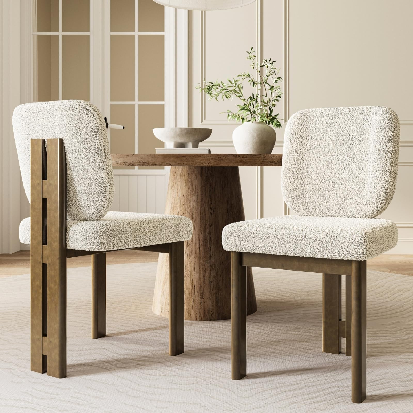 HEAH-YO Boucle Dining Chairs Set of 2, Sherpa Upholstered Kitchen Chairs with Back, Modern Armless Side Chairs with Walnut Wood Legs Guest Seats for Home and Restaurant, Cream | Amazon (US)