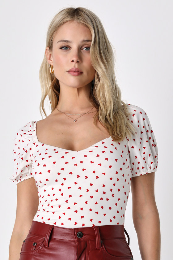 Forever Your Crush Ivory Heart Print Puff Sleeve Bodysuit | Lulus