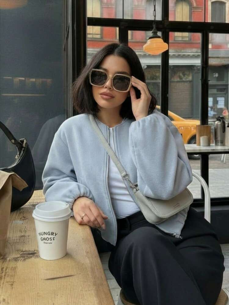 GMFP Women's Casual Elegant Fashion Loose Solid Color Pocket Zipper Long Sleeve Round Neck Jacket, Women's Bomber Jacket, New Year/Valentine's Day | SHEIN