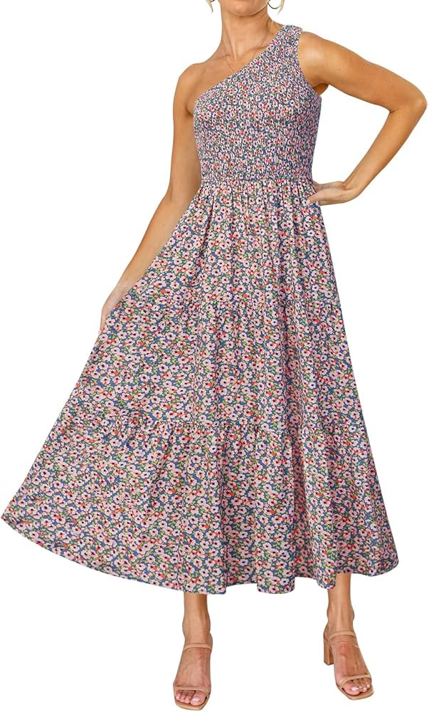ZESICA Women's Bohemian Summer Floral Print One Shoulder Sleeveless Smocked Ruffle Tiered Beach L... | Amazon (US)