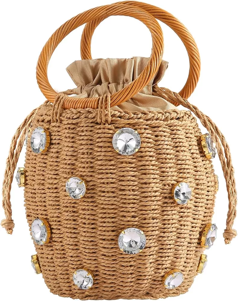 Diamonds Straw Heart Handle Wicker Rattan Bag