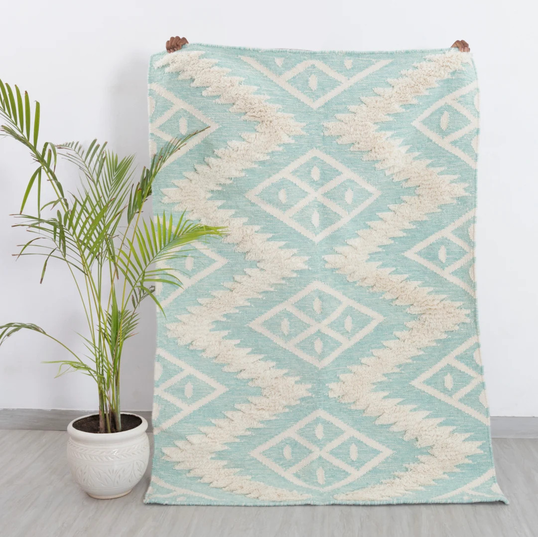 Aqua Blue Wool Moroccan Rug Hand Woven Bohemian Decor Inspired, Boho Scandinavian Decoras-6 - Ets... | Etsy (US)