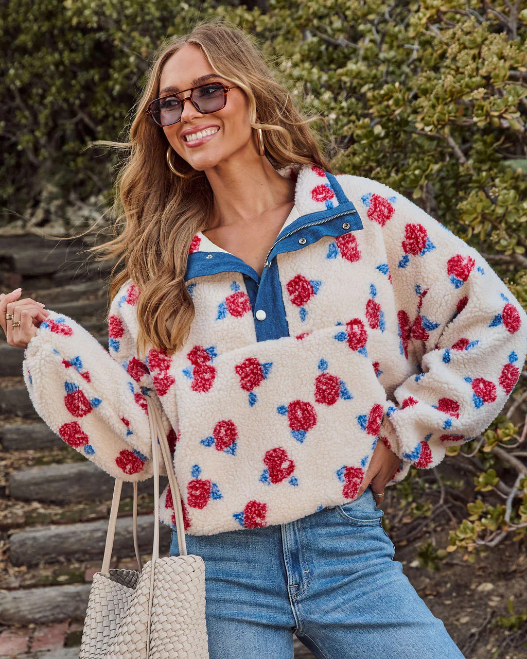 Adilia Printed Fleece Denim Trim Sweatshirt | VICI