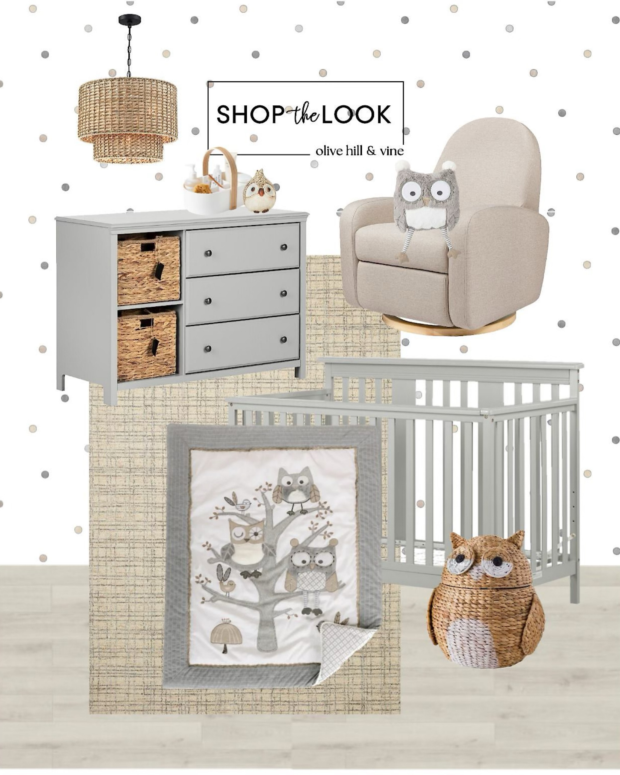 Craft a serene neutral owl-themed nursery with a recliner swivel glider chair for cozy snuggles, a practical white plastic caddy with a wood handle for organized baby necessities, and a 3-drawer dresser with baskets in open shelving. Enhance the charming atmosphere with a convertible crib, a woven owl-shaped basket, a round woven chandelier, polka dot wallpaper, a wool and jute rug, and delightful owl accents, including a figurine and a plush owl bedding set.

#LTKhome #LTKbaby #LTKbump