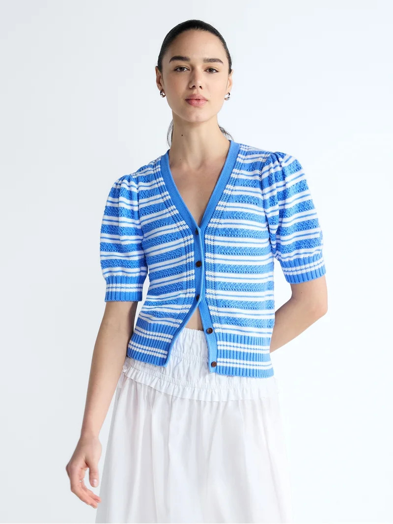 Free Assembly's Women's Cotton Crochet Cardigan Sweater with Puff Sleeves, Sizes XS-4X | Walmart (US)