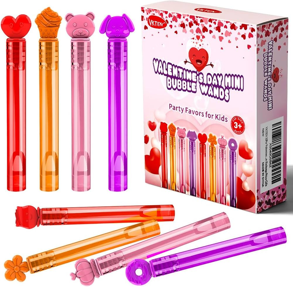 VKTEN 32Pcs Valentines Day Mini Bubble Wands Assortment 8 Styles Bubble Party Favors for Kids, Bu... | Amazon (US)
