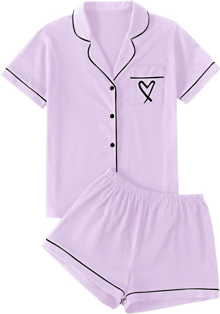 LYANER Women's Pajamas Set Heart Print Button Short Sleeve Shirt with Shorts Sleepwear PJs Set | Amazon (US)