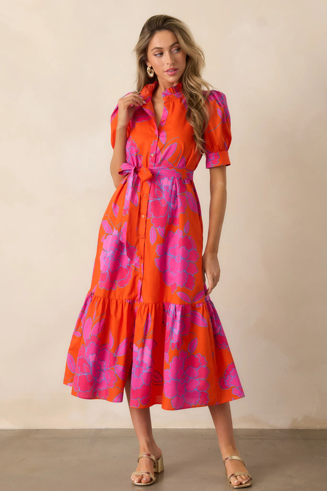 Free To Fly Cotton Orange Floral Button Front Midi Dress | Red Dress