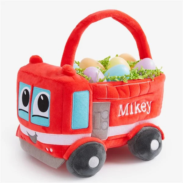 Fire Truck Embroidered Plush Easter Basket | Personalization Mall