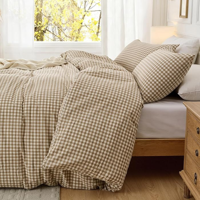 KKJIAF Taupe Plaid Duvet Cover Set King Size (90"x104"), 3 Pcs Cotton Gingham Duvet Cover with Pi... | Amazon (US)