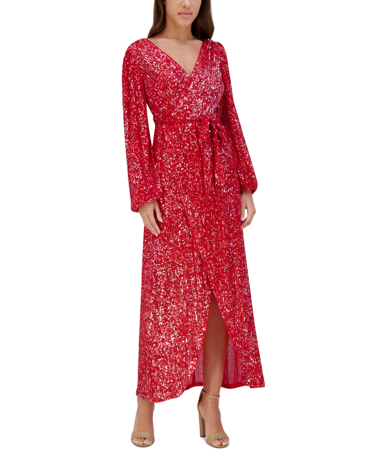 Siena Women's Sequined Faux-Wrap Maxi Dress - Red/Silver | Macy's