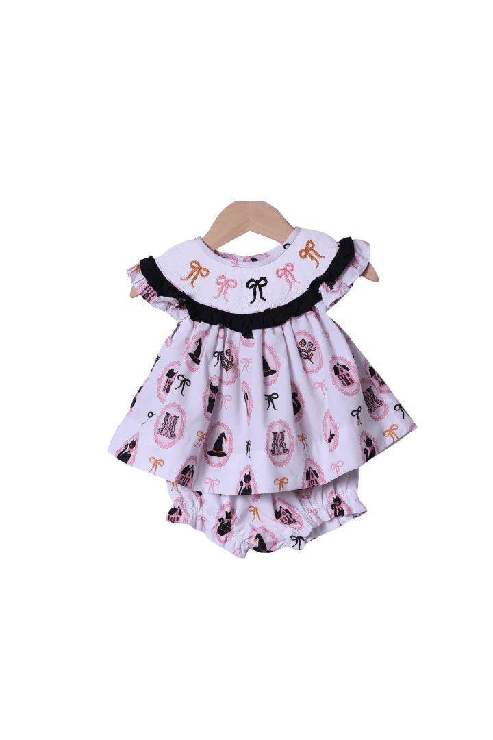 Smocked Embroidered Bow Sweet and Spooky Bloomer Set | The Smocked Flamingo