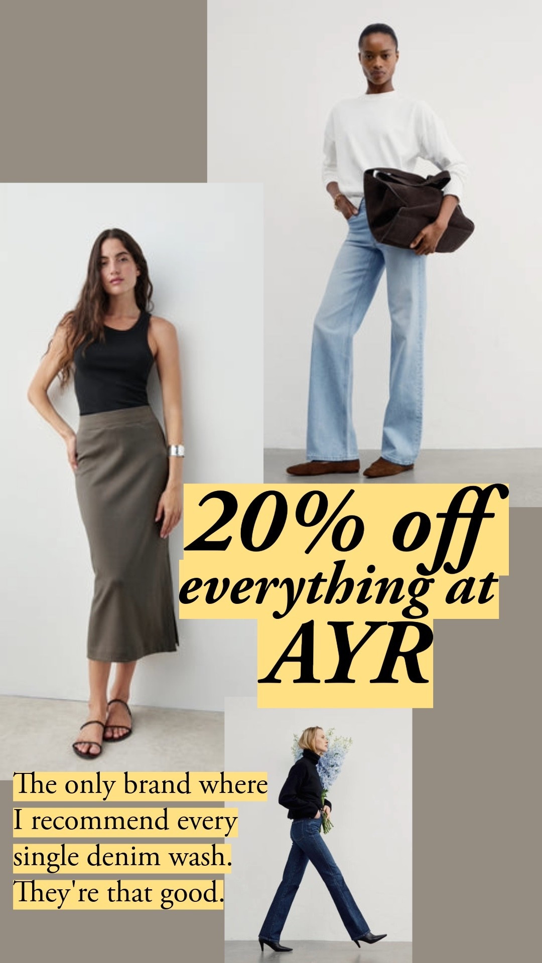 AYR's 10 year anniversary sale is here this weekend. You'll see the discount automatically in your cart. I couldn't find my size, but I wish you luck! lol The midi skirt is really great - feels like sweats, wears with long, lean CBK polish.

#LTKootd