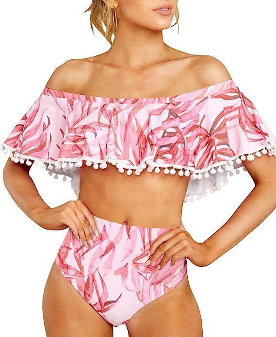 Yacooh Women Retro Ruffle Off Shoulder High Waisted Bikini Set Flounce Tassel Floral Two Piece Sw... | Amazon (US)